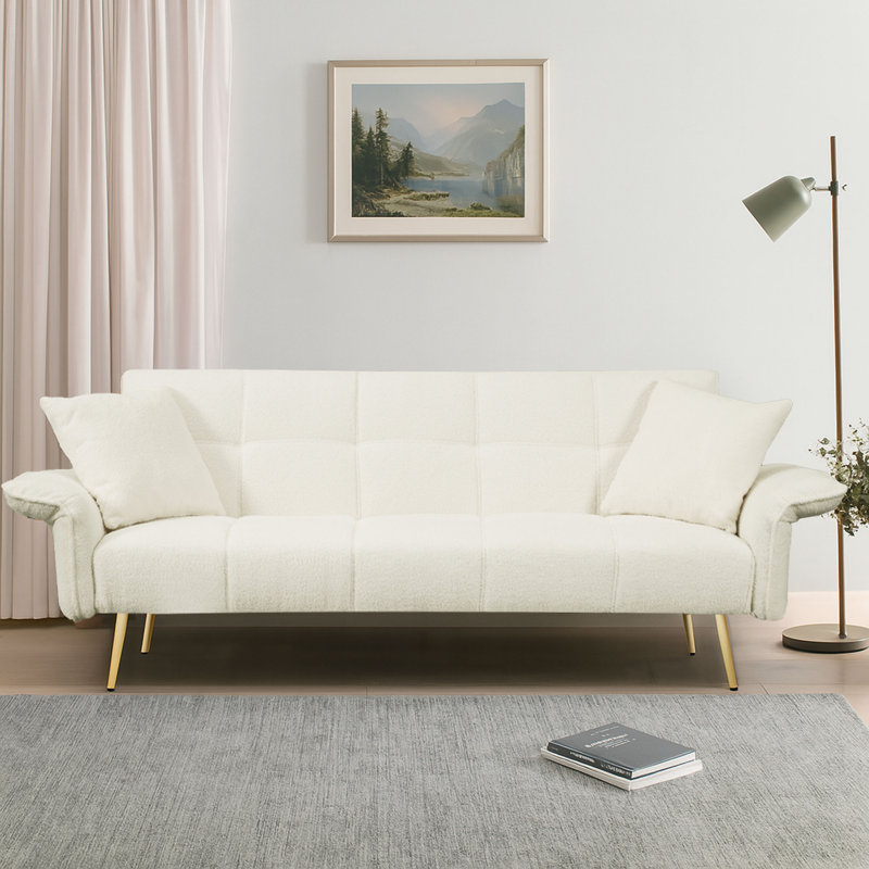 Modren Teddy Fabric Upholstered Convertible Futon Sofa Bed with Folding Armrests, White Teddy