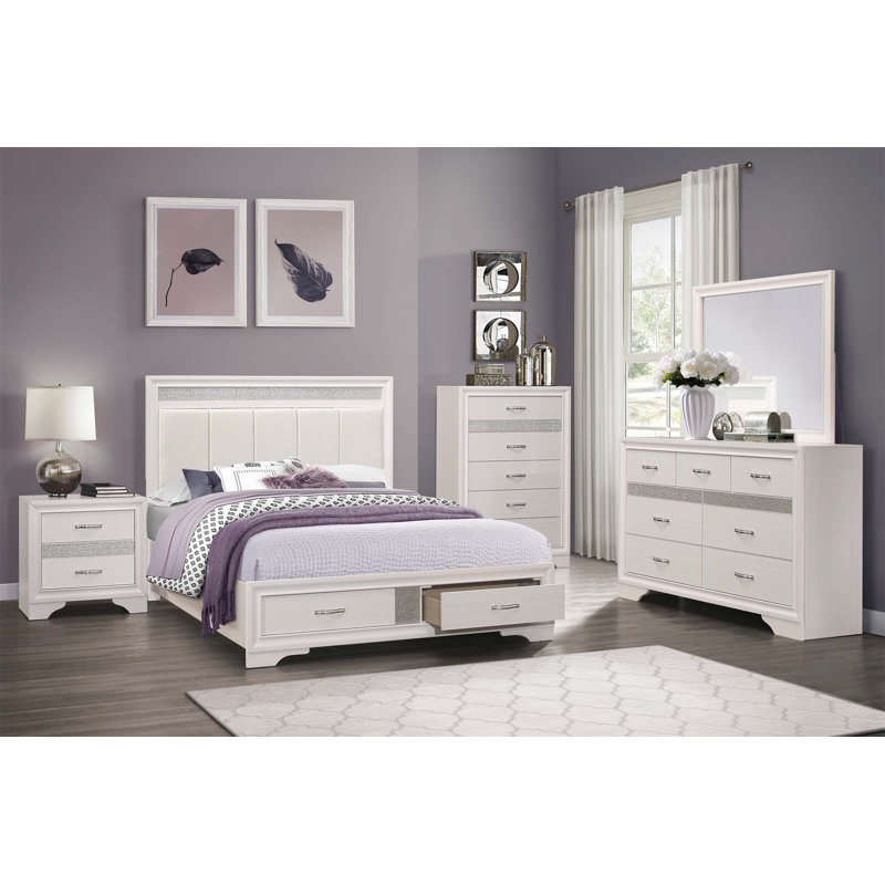 Commode moderne blanche avec faux cristaux, tiroir à bijoux caché et décorations scintillantes pour un rangement élégant dans la chambre à coucher