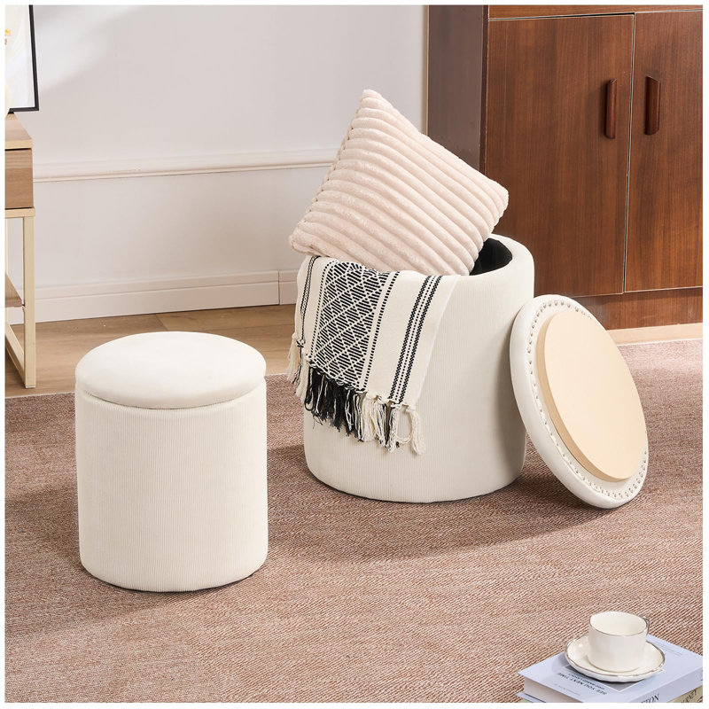Round Ottoman With Storage Set Of 2, Beige Velvet