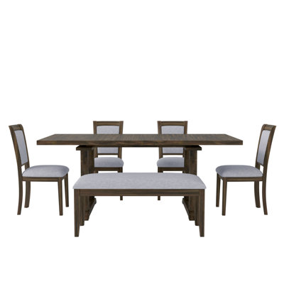 TopMax 6-Piece Updated 76.9Inch Extendable Trestle Dining Table Set With Removable Leaf, Kitchen Table Set With Upholstered Side Chair And  Bench, Grey