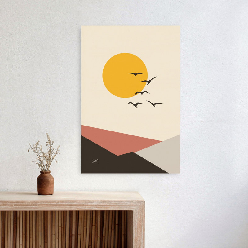 «Minimalist Sun Mountain Flight», reproduction géométrique abstraite d'oiseaux de montagne, art mural, 24" H x 16" W