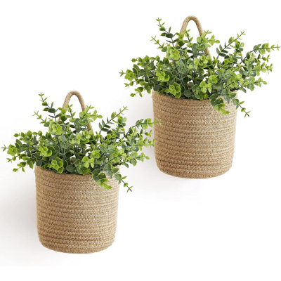 Ensemble de 2 paniers suspendus en corde avec décor de ferme en eucalyptus artificiel, organisateur de rangement en jute tissé, ensemble de paniers à fleurs, décoration murale rustique pour porche, salon, entrée de chambre à coucher