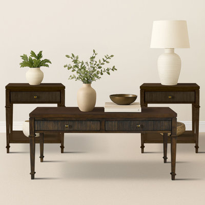 3-Piece Traditional Dark Wood Table Set With Fluted Drawer Fronts And Storage