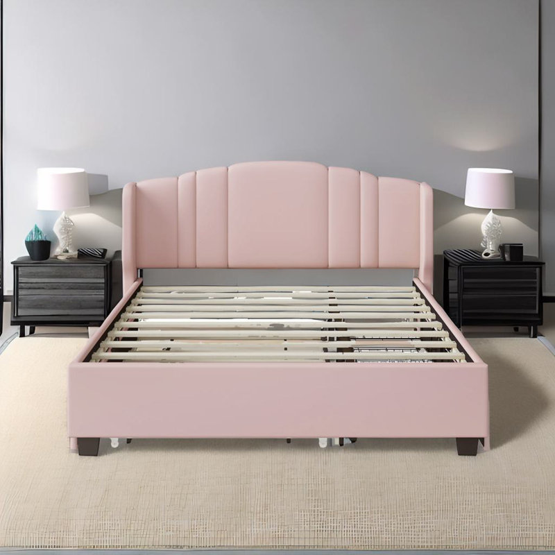 Grand lit plateforme tapissier Tomblin, Rose