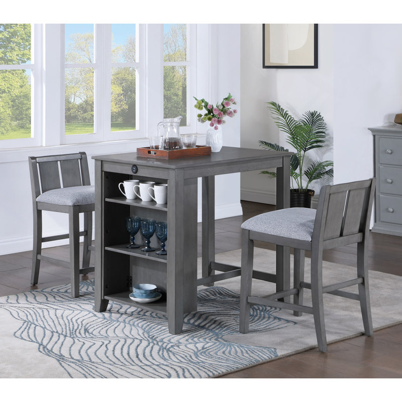 Table de salle à manger à hauteur de comptoir 3 pièces avec tablettes et 2 chaises Graham, Grey, Grey