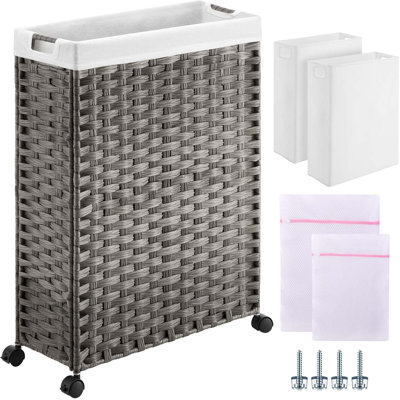 Laundry Hamper With Wheels - 17.4 Gallon Slim Laundry Basket With Removable Liner Bags & Mesh Bags, Narrow Rattan Clothes Hamper For Bedroom, Laundry Room, Bathroom