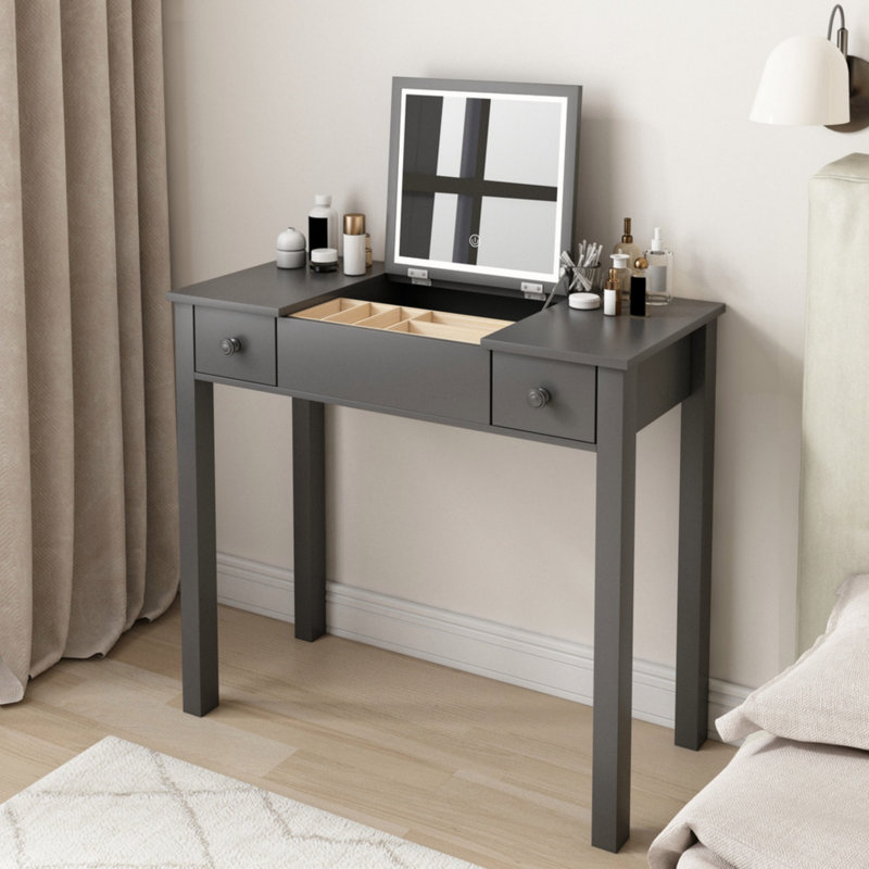 Bureau de coiffeuse multifonctionnel avec éclairage réglable à 3 niveaux avec miroir rabattable et rangement Table de maquillage profonde 15,75 po 2 tiroirs et 3 boîtes de rangement amovibles Bureau de bureau compact
