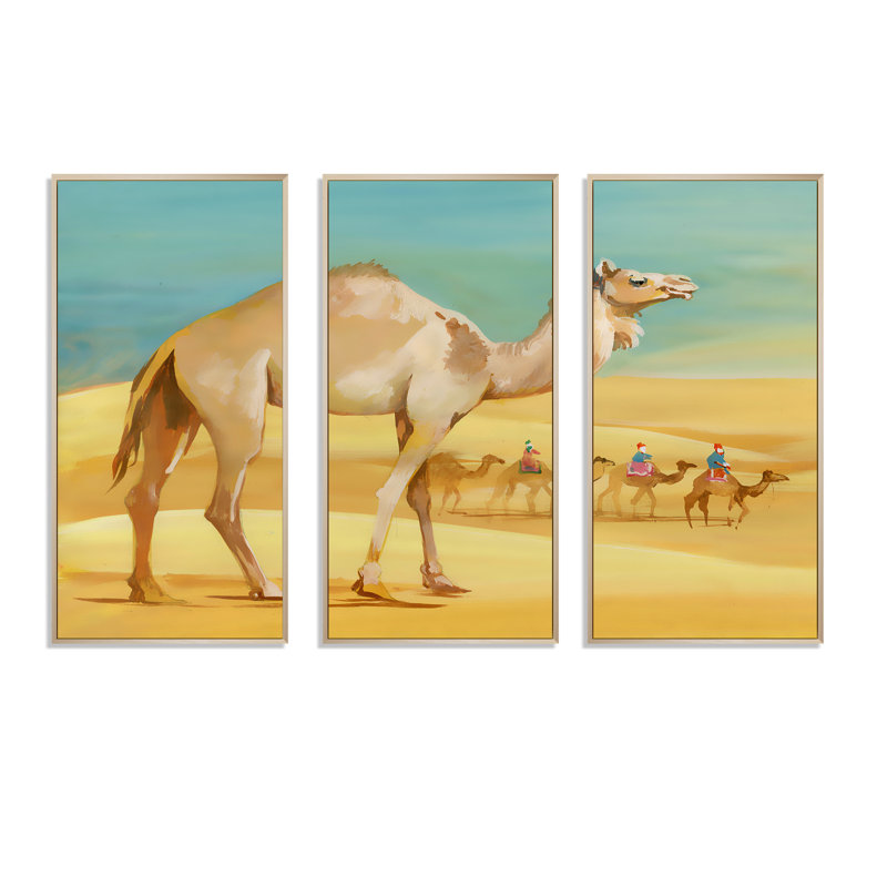 Camels in Desert - 3 pièces, reproduction sur cadre flottant sur toile, H 28 po x l 36 po x P 1 po, Cadre brun