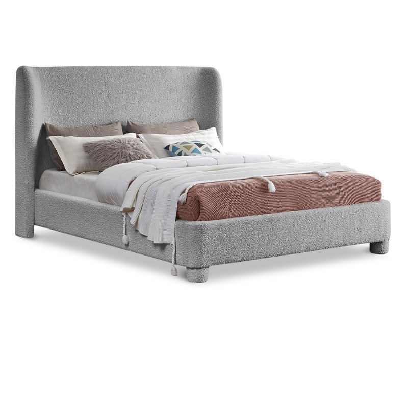 Lit à panneau tapissier Ivyann, Tissu bouclé gris, Double