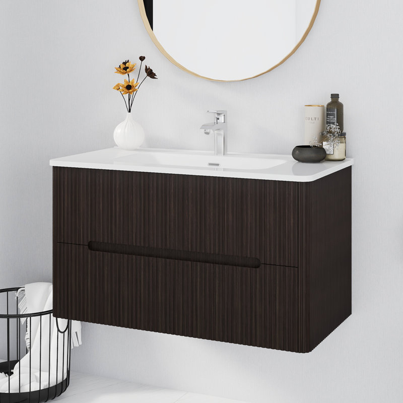 Armoire de salle de bain murale à rayures verticales de 36 po de couleur brun foncé à fixation verticale | Bassin en céramique intégré | Tiroirs doubles | Rail silencieux à fermeture en douceur | Charnière à fermeture en douceur