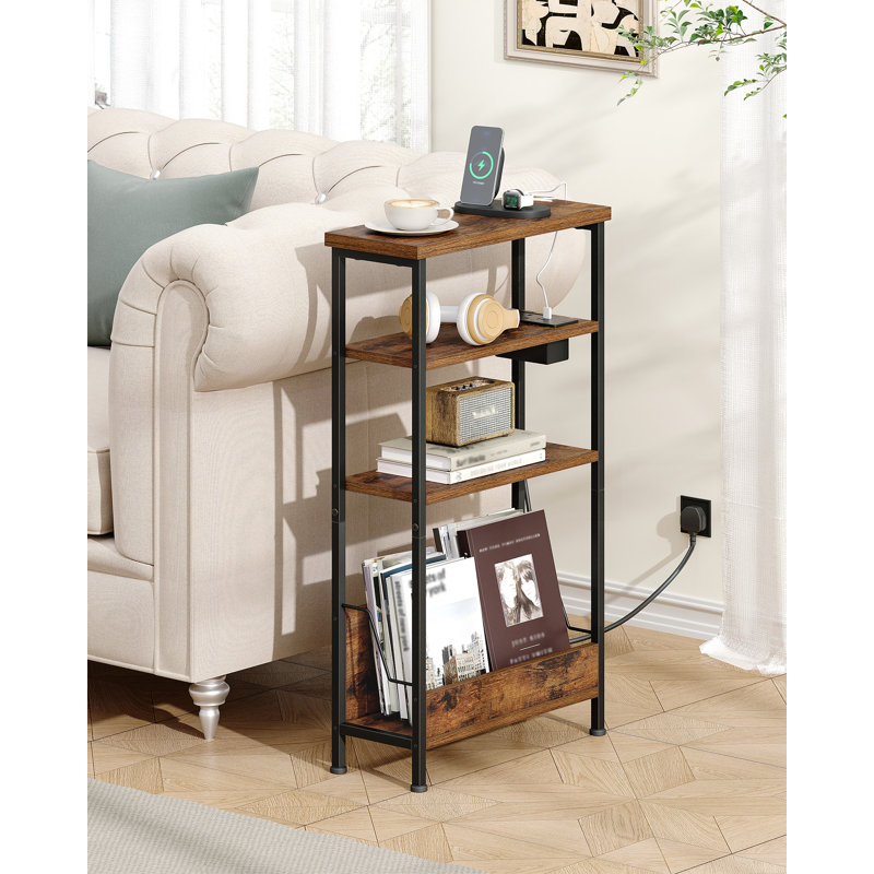 Narrow Side Table with Charging Station, 4-Tier Slim Bedside Table with Magazine Rack, Sofa End Table for Small Spaces, Living Rooms, Bedrooms, Study as a Nightstand, Rustic Brown 