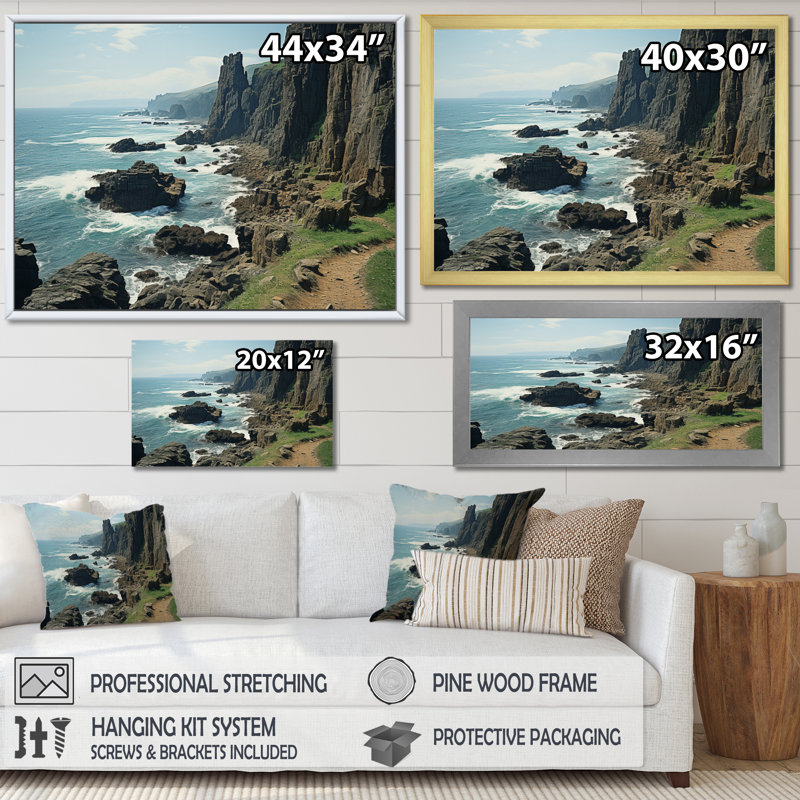 Coastal Ocean Cliff II - paysages, impressions sur toile, H 12 po x l 20 po x P 1 po, Cadre photo argenté