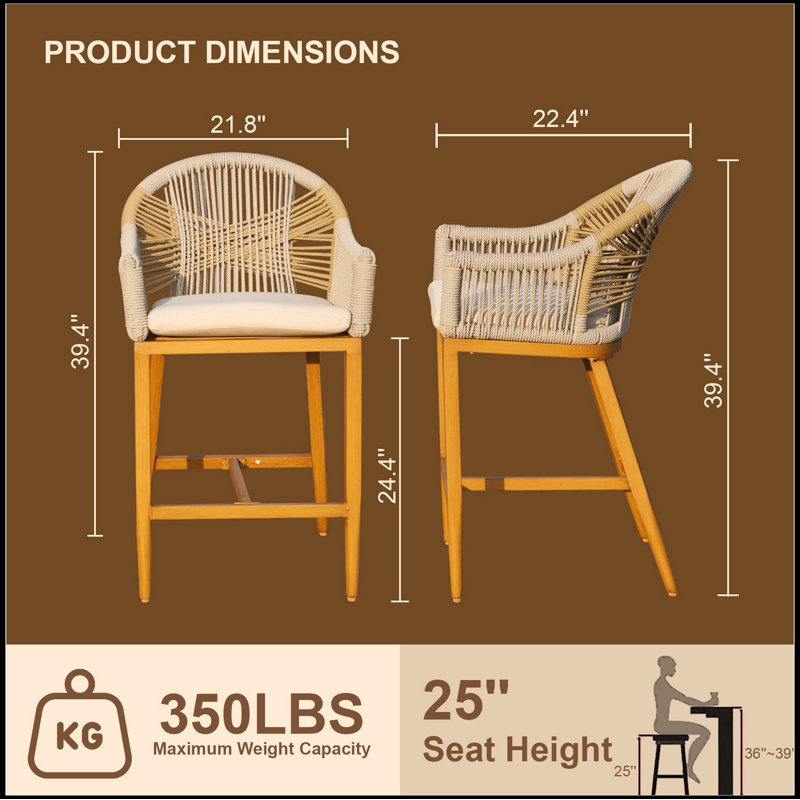 Bar Stools Set of 2 with Arm and Backrest, Outdoor Counter Height Bar Chairs with Cushion