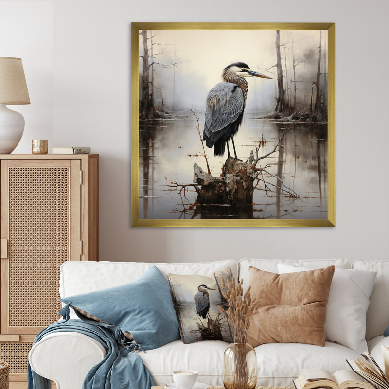 Heron Solitary Reflections Pointillism I - Animals Canvas Print, H 36 po x l 36 po x P 1,5 po, Cadre doré à une seule photo