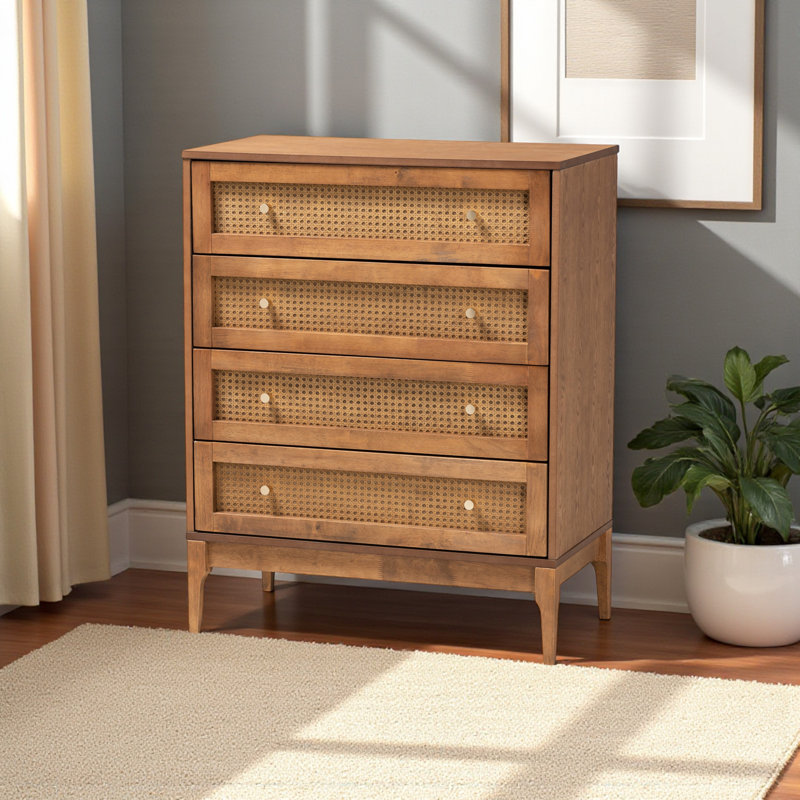 Clorid Brown Finish Metal Knob 4-Drawer Rattan Chest, 37.41" H X 29.93" W X 15.54" D