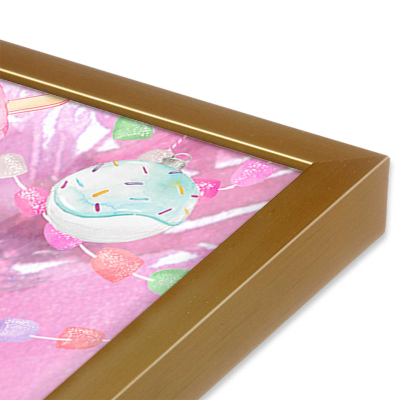 Reproduction d'arbre de Noël rose ludique, Cadre simple en or poli, H 17,25 po x l 13,25 po x P 1,25 po