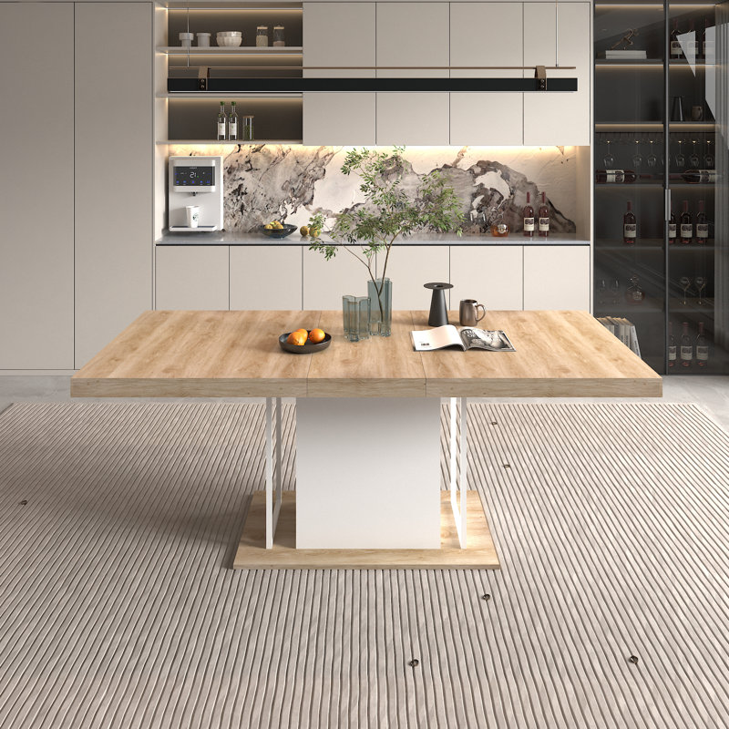 Rectangular Expandable Dining Table for 6 to 10 People with Rustic Wood and Extension Panels