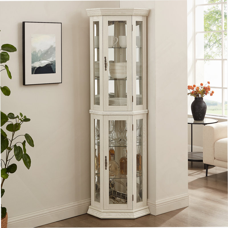 Vitrine de coin lumineuse avec tablette en verre, tablettes réglables, éclairage à DEL et dispositif anti-basculement pour la décoration intérieure