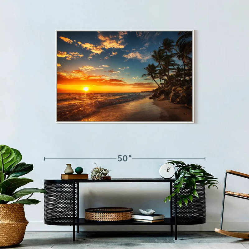 Lever de soleil à Pointe Cana Aurelus, H 29 po x l 43 po, Cadre flottant blanc