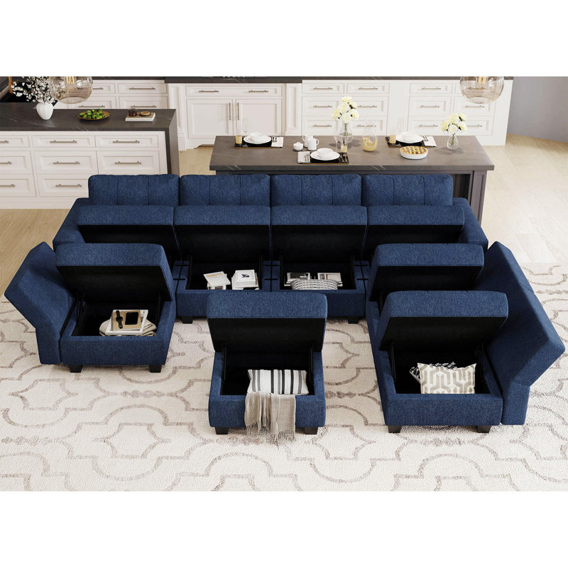 Ashbury Ivery 116.6'' U Shaped Couch Modular Polyester Blend Sectional Sofa with Cushions, Blue Polyester Blend