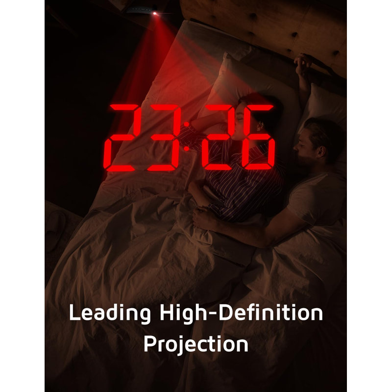 Réveil à projection, horloge numérique avec projecteur rotatif à 180 °, gradateur de luminosité à 3 niveaux, affichage DEL transparent, chargeur USB, volume progressif, répétition de 9 minutes, 12 / 24H, pour la chambre à coucher