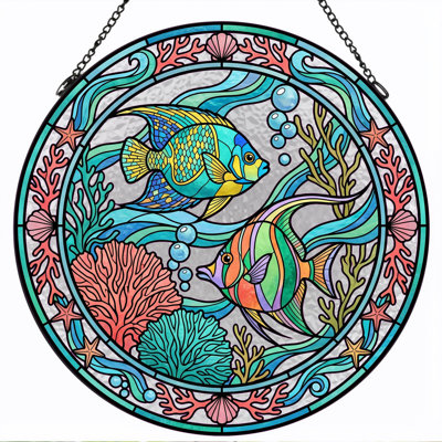 Tropical Fish Stained Glass Window Panel，12"H