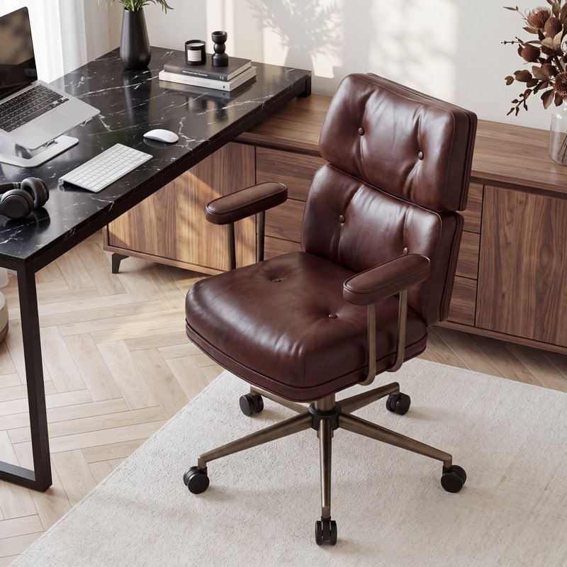 Chaise de bureau ergonomique pivotante en similicuir avec dossier en bois de noyer, Brown