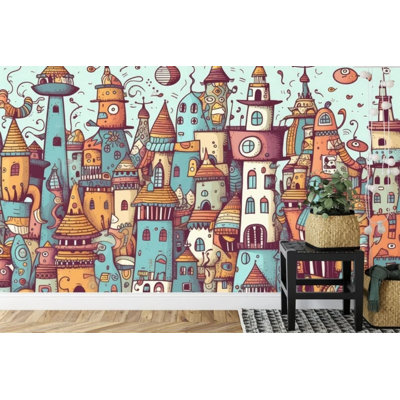 Papier peint bâtiments fantaisistes fantaisistes Town Doodle