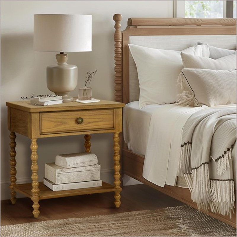 Table de chevet traditionnelle en bois massif avec 2 tiroirs, chêne brun clair