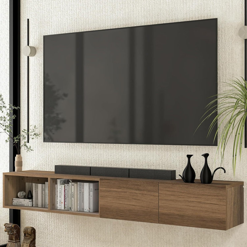  Meuble audio-vidéo mural flottant rectangulaire de 75 po de largeur avec tablettes en bois