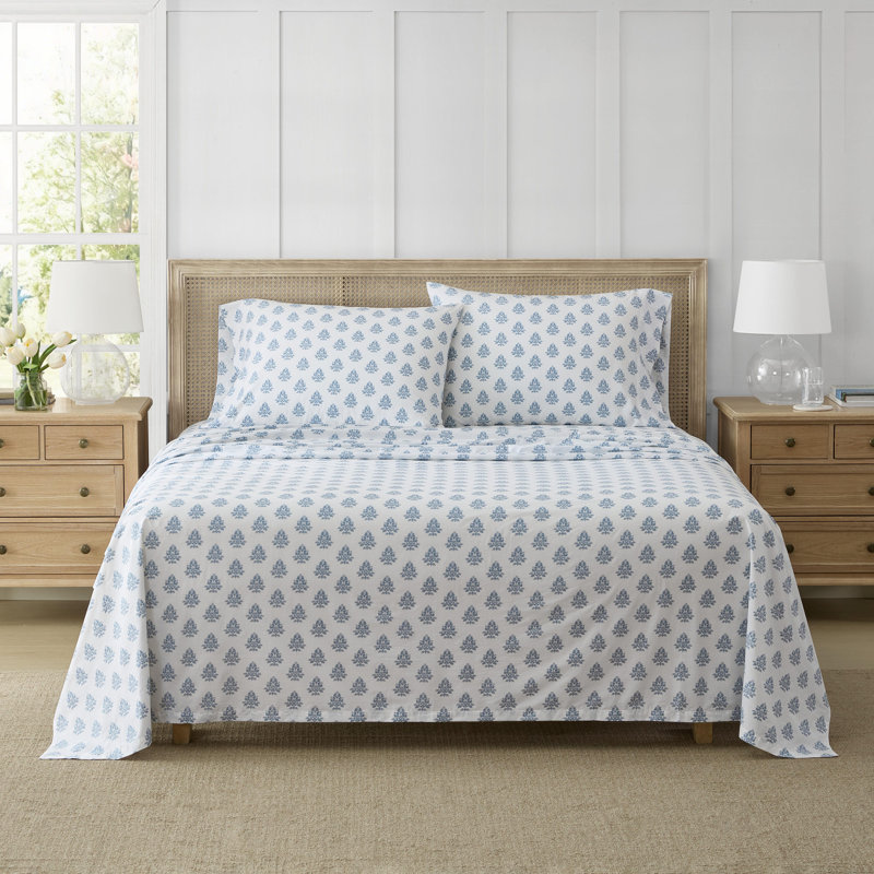 Ensemble de draps en coton percale Martha Stewart, Ensemble de draps pour grand lit avec 2 taies d'or, Darcy Blue