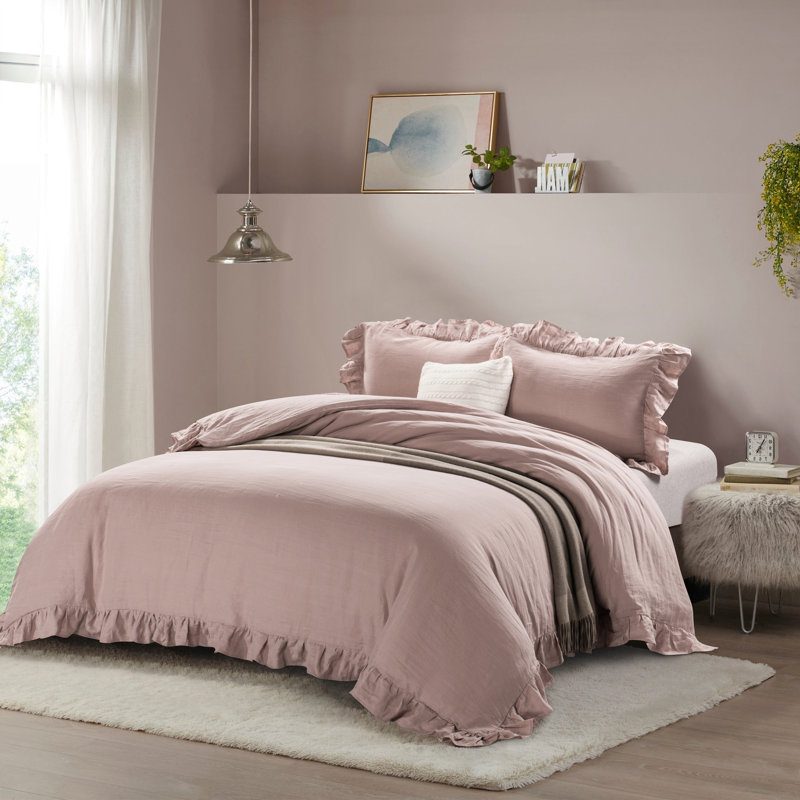 Ensemble de housse de couette en mélange de lin de style campagnard , Housse de couette grand et 2 taies décoratives, Rougir
