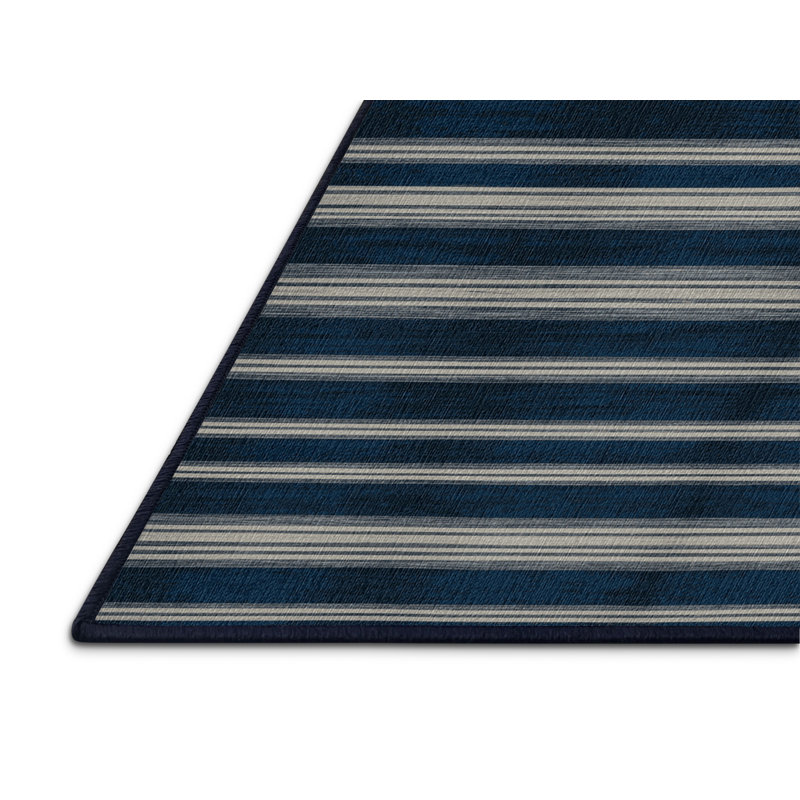 Washable Indigo Light Gray Striped Area Rug, Square 3'