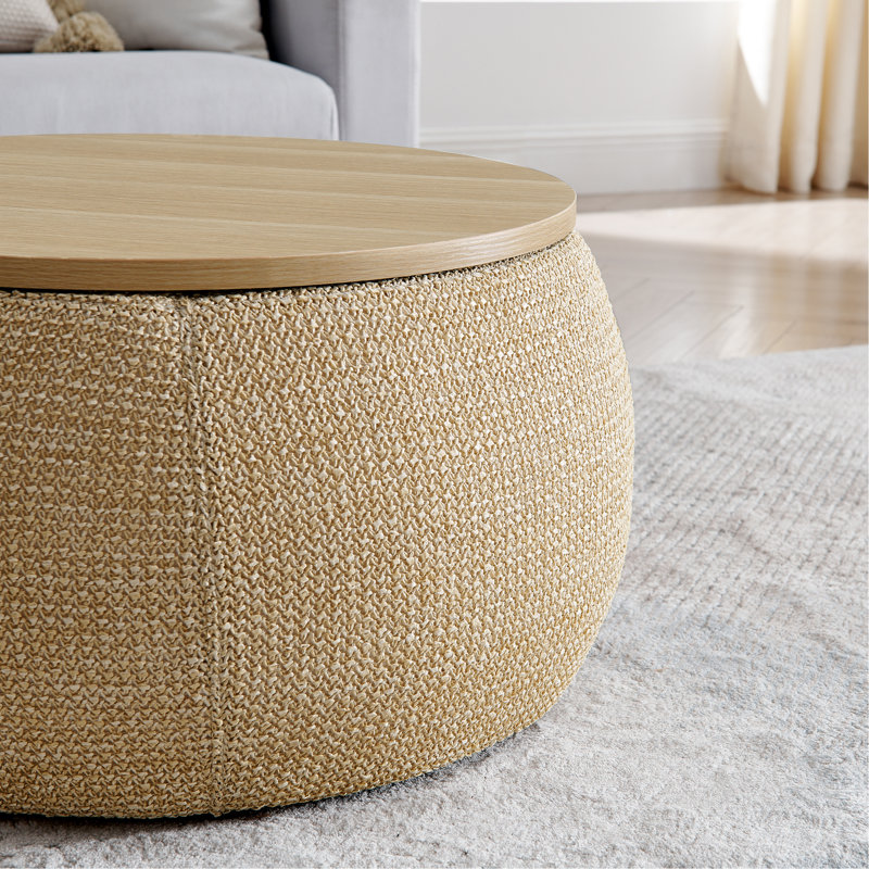 Round Storage Ottoman, Woven Rattan Fabric Ottoman, 2 In 1 Function, Work As End Table And Ottoman, With Small Seat