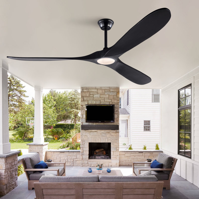 Ventilateur de plafond à 3 pales en bois massif avec télécommande, 70 po, Pointe renversée - avec lumière, Noir