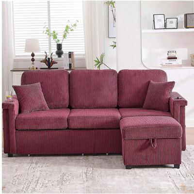 Canapé modulaire en L avec rangement coulissant, repose-pieds et coussins 3 places avec charge USB, support pour tasse, design convertible pour salon, appartement, velours côtelé UNI