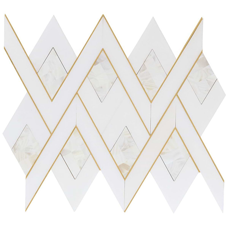 Zeta 12x16 Polished Marble and Brass Inlay Waterjet Mosaic Tile, Pearl White