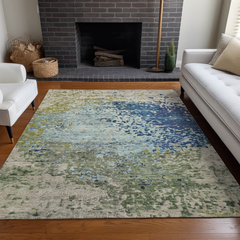 Tapis bleu intérieur / extérieur lavable à la machine Xhevrie, Rectangle 9 pi x 12 pi