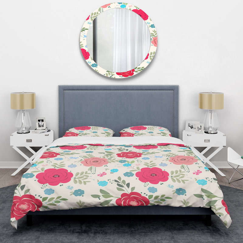 Roses rouges et feuille verte - ensemble de housse de couette à motif floral - microfibre de polyester