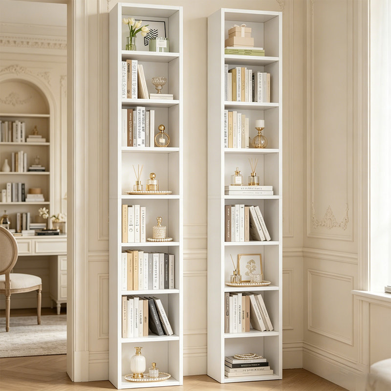 2 tablettes de 71 po de hauteur, bibliothèque étroite à 8 niveaux avec tablettes réglables, Blanc