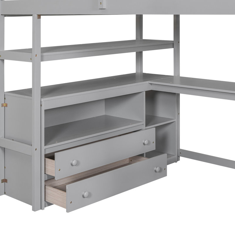 Lit mezzanine double avec bureau, tablettes et escalier