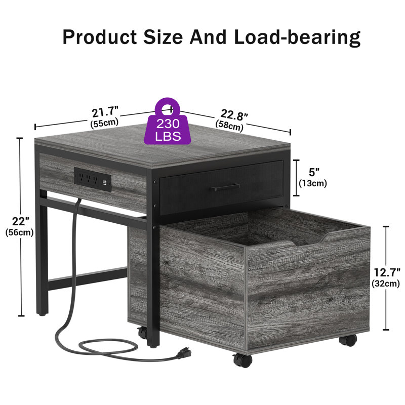 Fridge Stand With Storage And Charging Station, Grey Oak