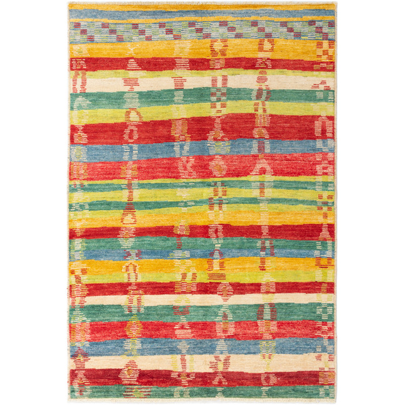 Tapis unique en laine noué à la main bleu / jaune / rose des années 2010 de 6 pi 2 po x 9 pi Charing