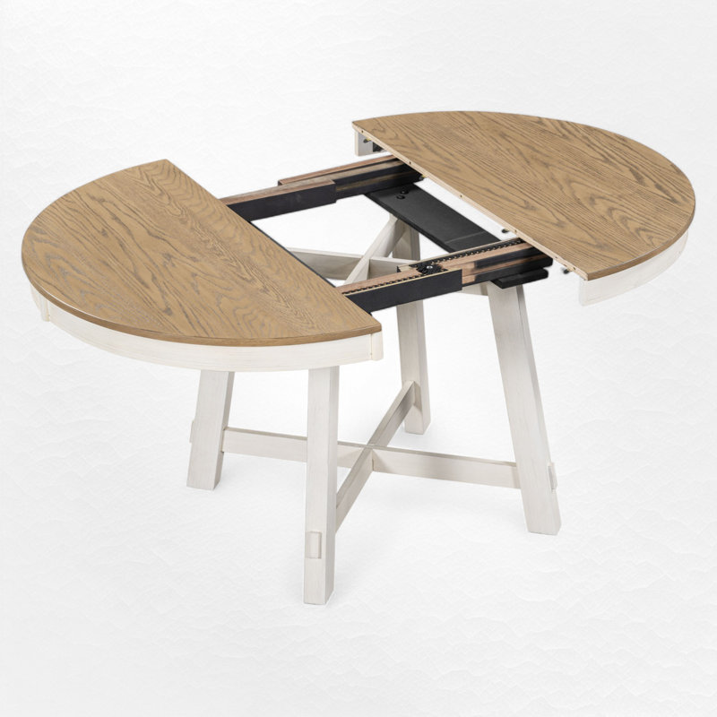 Ensemble de salle à manger extensible pour 4 personnes Zaena, Bois de chêne naturel, Beige / blanc antique, Blanc antique