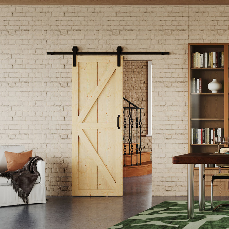 Porte de grange - Porte coulissante en bois de pin à densité moyenne avec cadre en K et ensemble de quincaillerie pour garde-robe, garde-manger