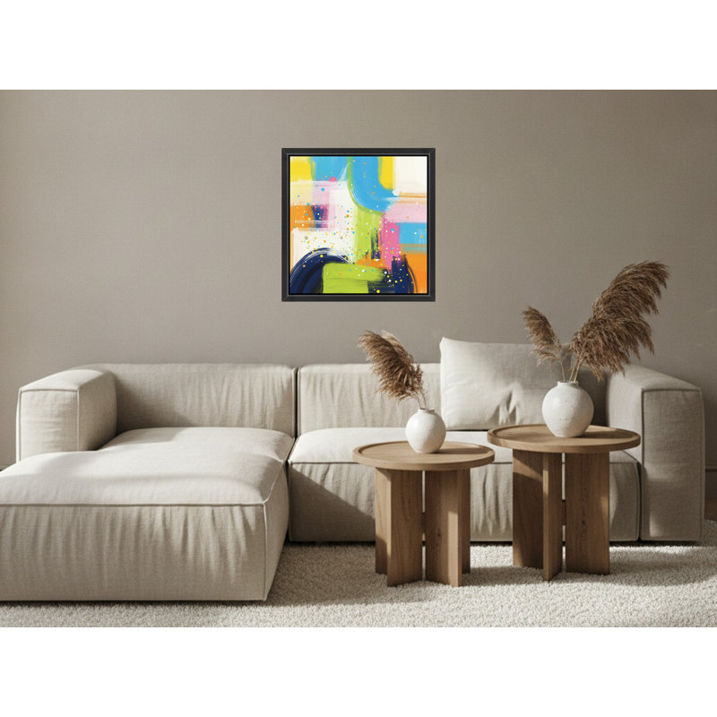 «Vibrant Abstract» en bleu et jaune - Art mural sur toile encadrée, Brown Framed Wall Art / 24X24, 24" H x 24" W