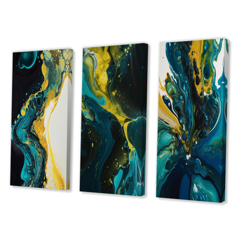 «Sarcelle et liquide jaune» - 3 pièces sur toile, Toile tendue, H 40 po x l 60 po