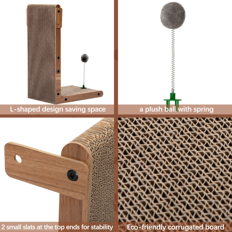 L-Shaped Brown Cardboard Cat Scratcher with Toy
