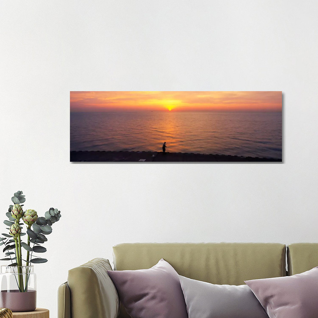Sunset Over A Lake, Lake Michigan, Chicago, Cook County, Illinois, USA - Wrapped Canvas Panoramic Print