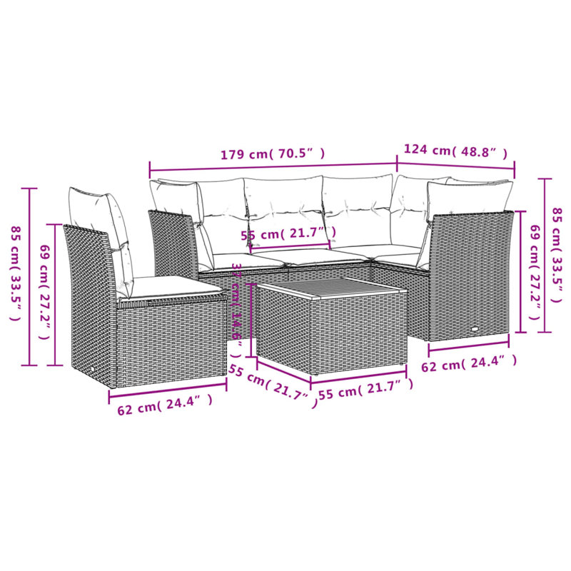  Ensemble de canapé de patio 6 pièces avec coussins en rotin de polyester gris